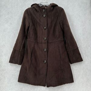 VTG Esprit Faux Fur Coat Womens SMALL Faux Suede‎ Hooded Brown Chore Barn Jacket